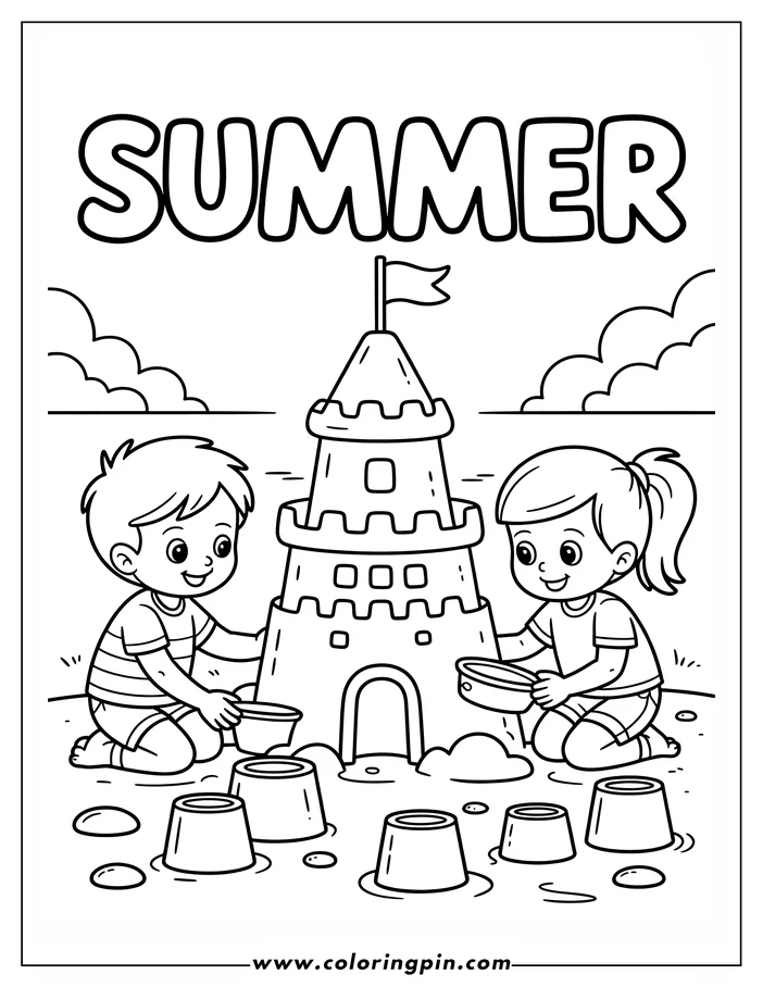 Summer sandcastle coloring page, a fun printable activity for kids featuring beach, sandcastle, and building.
