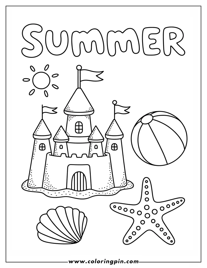 Summer sandcastle coloring page, a fun and easy printable coloring sheet for kids and adults with beach theme.
