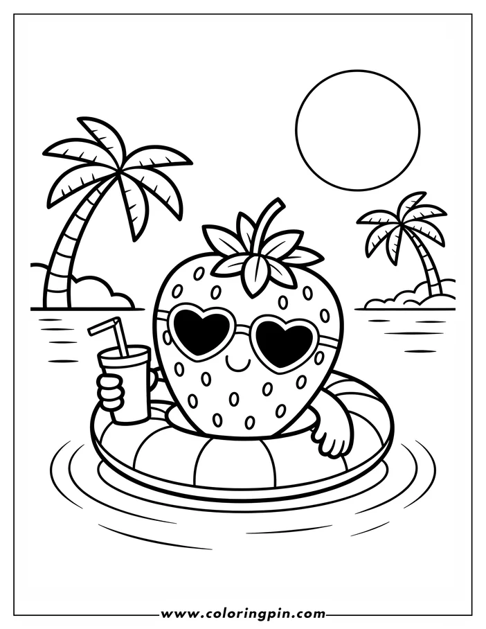 Cute cartoon summer strawberry printable coloring page, floating on a swim ring with a cool drink, a fun coloring sheet for kids.