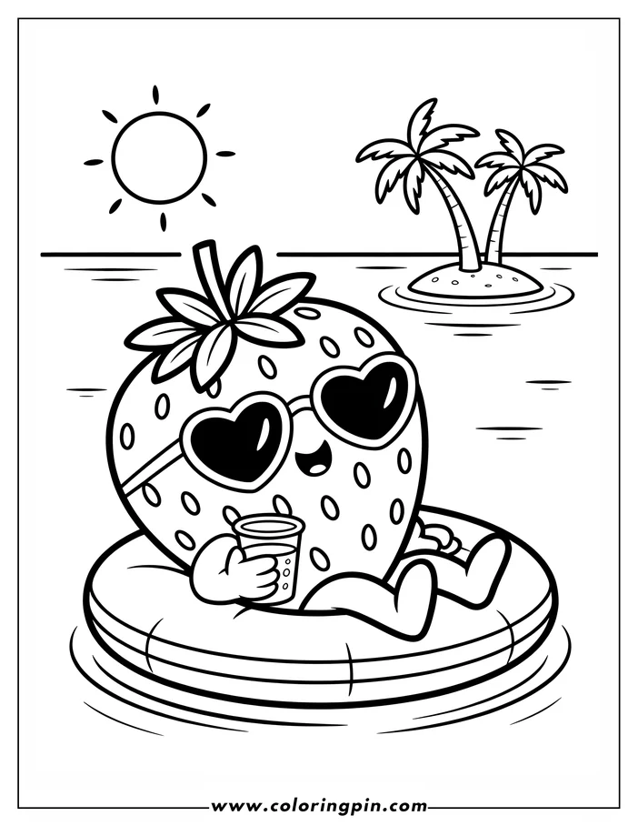 Cute cartoon summer strawberry coloring page, a simple printable coloring sheet of a strawberry relaxing on a float, perfect for kids.
