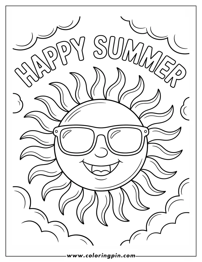 Cartoon summer sun with sunglasses coloring page, a printable outline drawing for kids' seasonal activities.