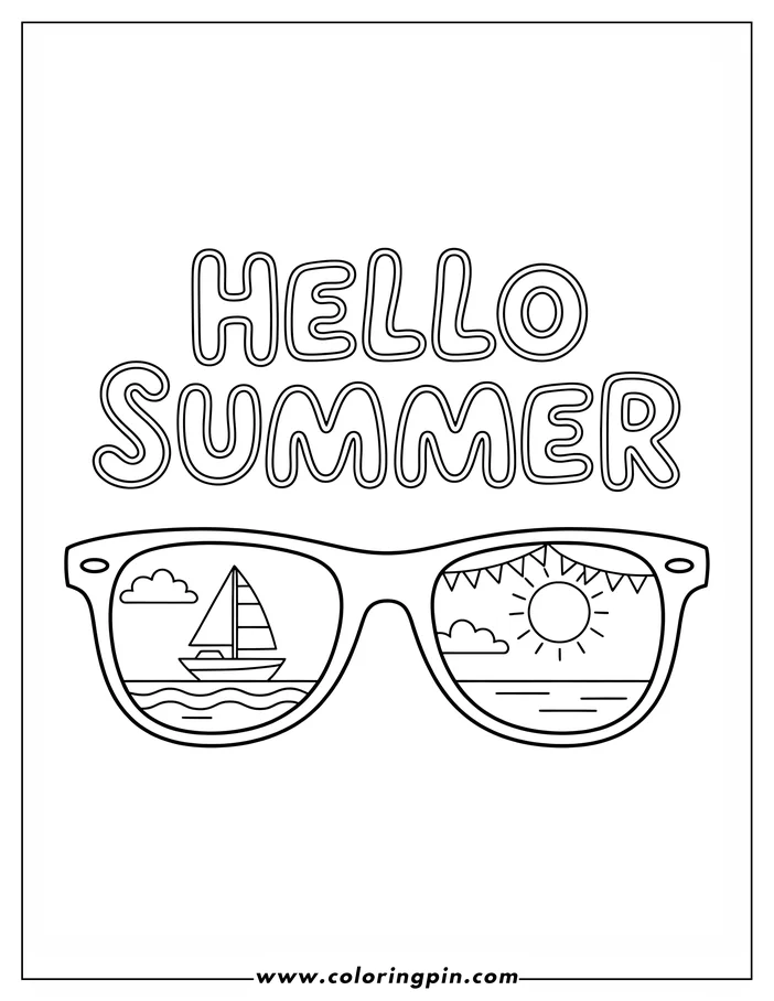 Summer sunglasses coloring page, a simple printable coloring sheet for kids and adults.