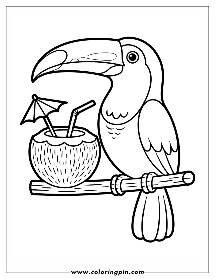 Toucan with coconut drink coloring page, a fun summer-themed printable coloring sheet for kids and adults.
