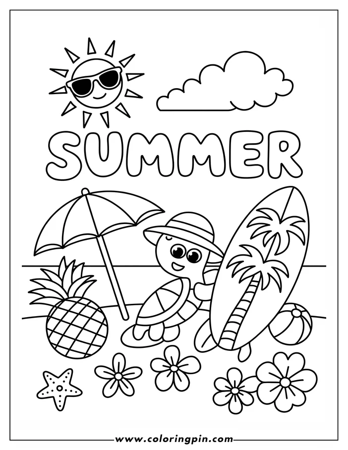 Cute summer turtle coloring page at the beach, a simple and fun printable coloring sheet for kids and toddlers.