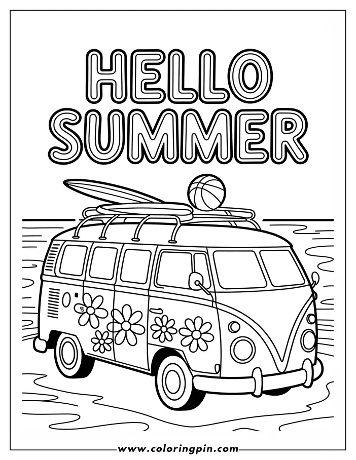 Summer van coloring page with flowers, surfboard, and basketball, a cute printable coloring sheet for kids