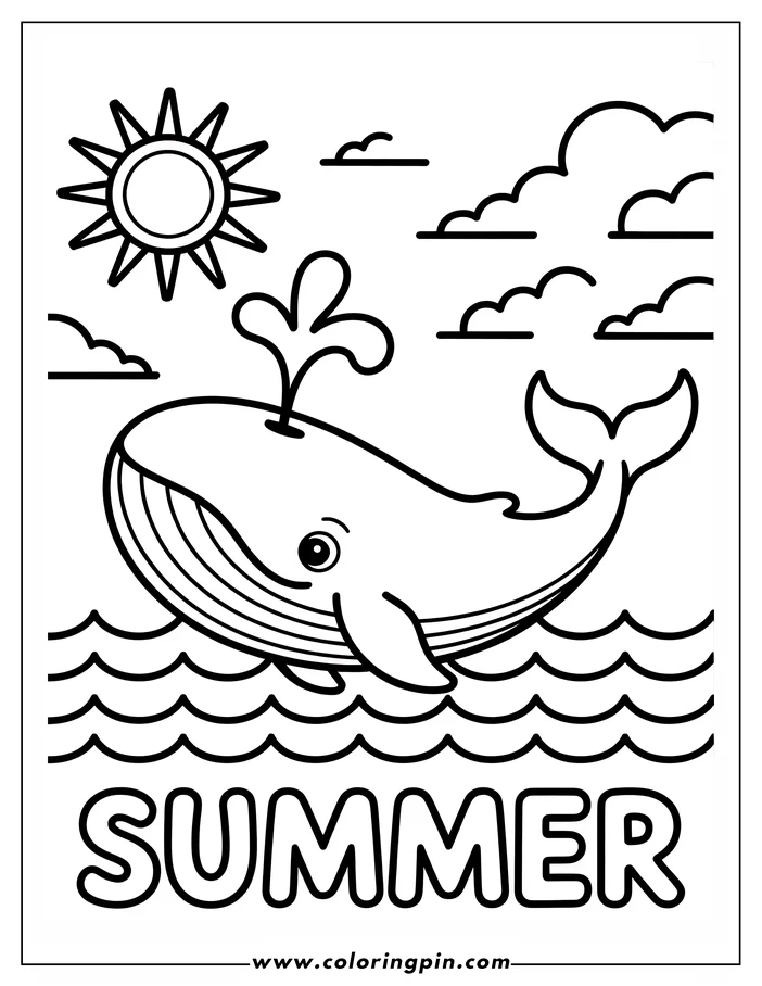 Cute cartoon whale coloring page with summer theme, a free printable coloring sheet for kids with ocean scene.