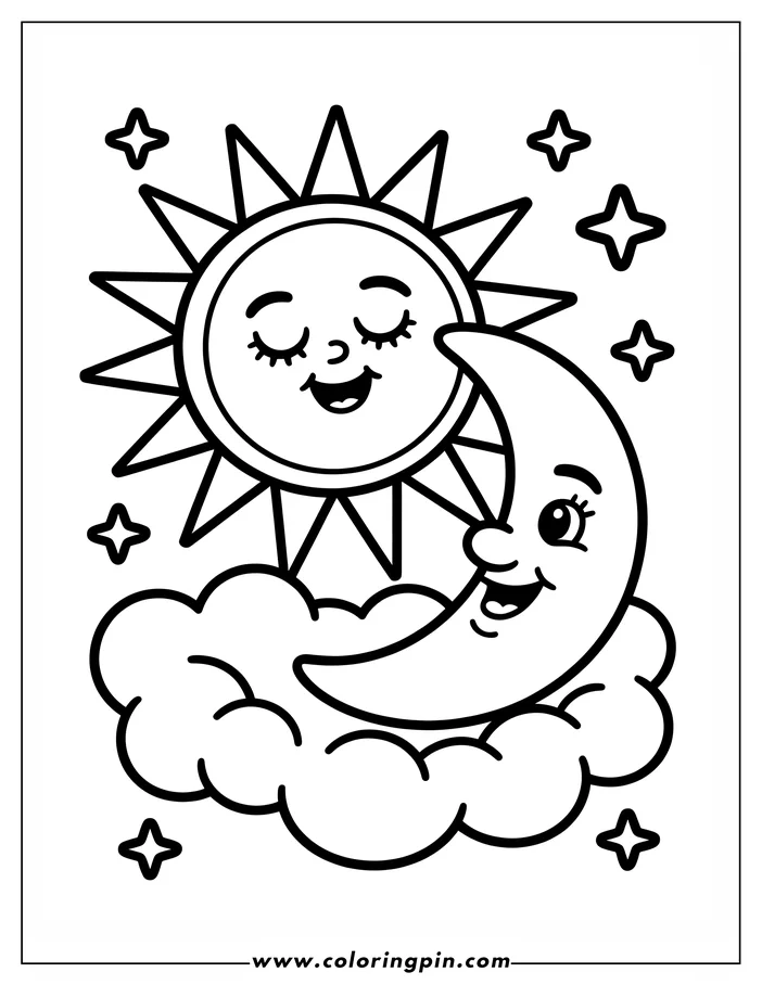 Cute cartoon sun and moon coloring page resting on a cloud, a simple celestial coloring sheet for kids, free and printable.