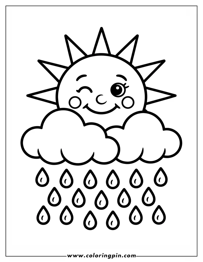 Cute cartoon sun and rain cloud coloring page, an easy weather-themed printable coloring sheet for kids and toddlers.
