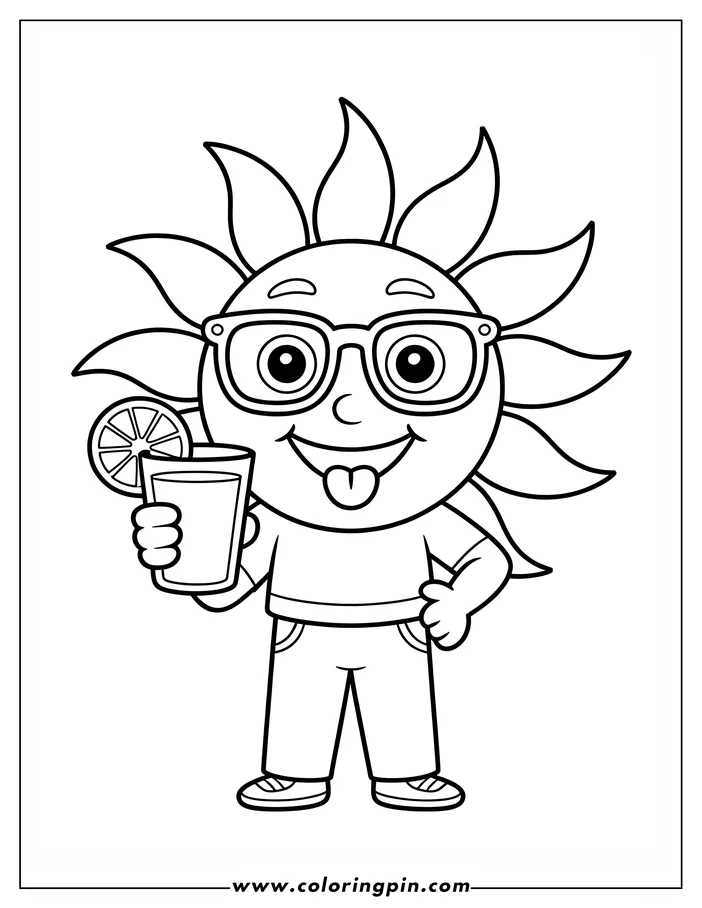 Cute cartoon sun holding a glass of juice coloring page, a simple and fun printable activity for kids.