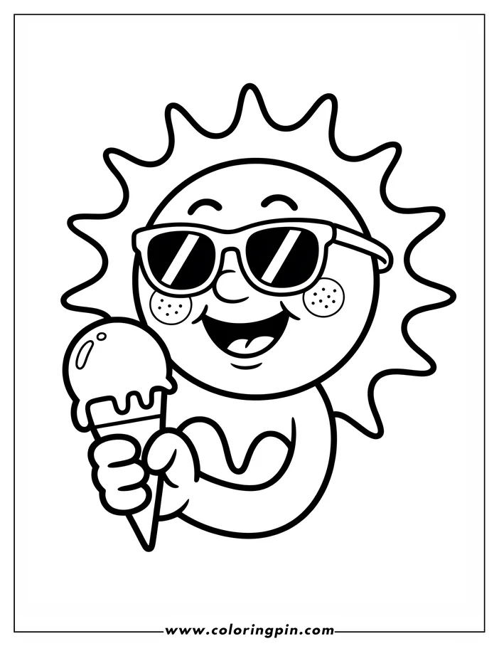 Cute cartoon sun eating ice cream coloring page, a simple and fun printable coloring sheet for kids and toddlers.