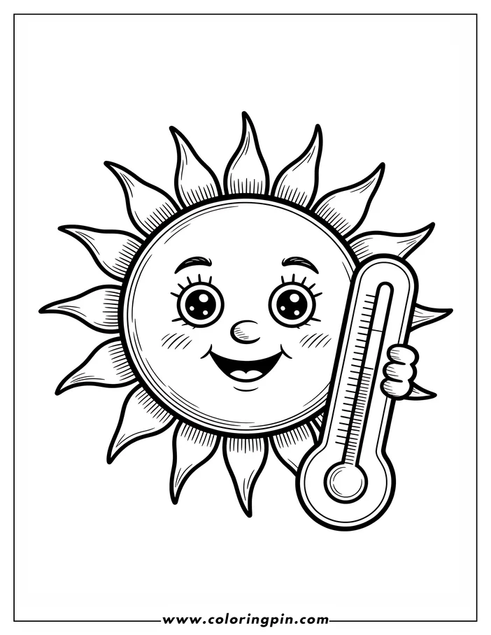 Cartoon sun holding a thermometer coloring page, a fun printable activity for kids and adults.