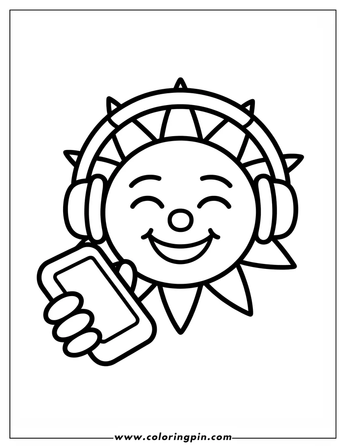 Cute cartoon sun listening to music coloring page, a simple and free printable activity for kids and toddlers.