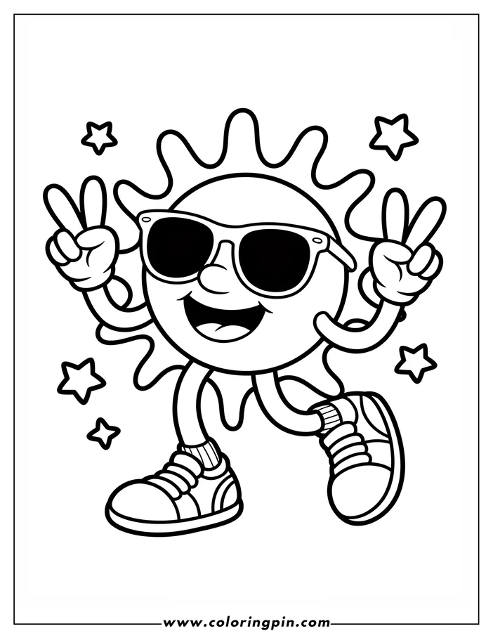 Cartoon sun making peace sign coloring page, a simple outline drawing for kids, free and printable.
