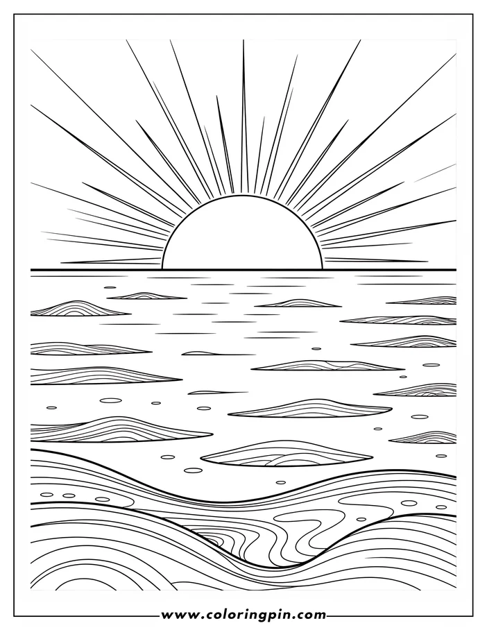 Simple sun over water coloring page, a free printable nature coloring sheet for kids and adults.