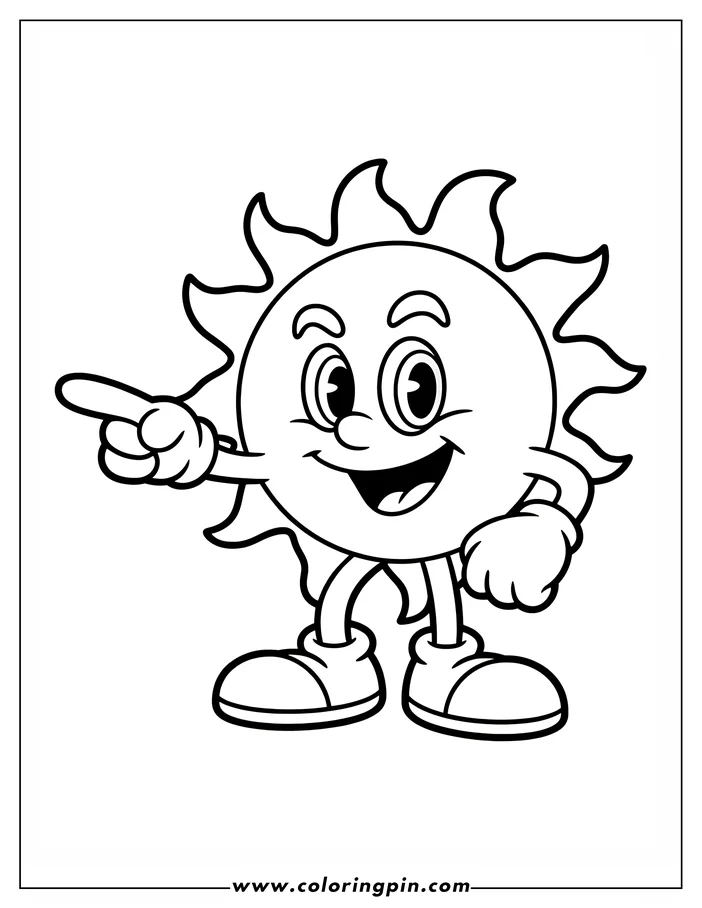 Cartoon sun pointing coloring page, a simple and free printable outline drawing for kids and toddlers with a cute, happy theme.