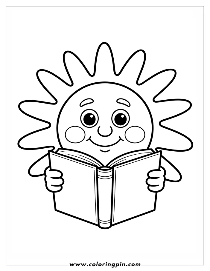 Smiling sun reading a book coloring page, a cute and simple outline drawing for kids, printable and free.