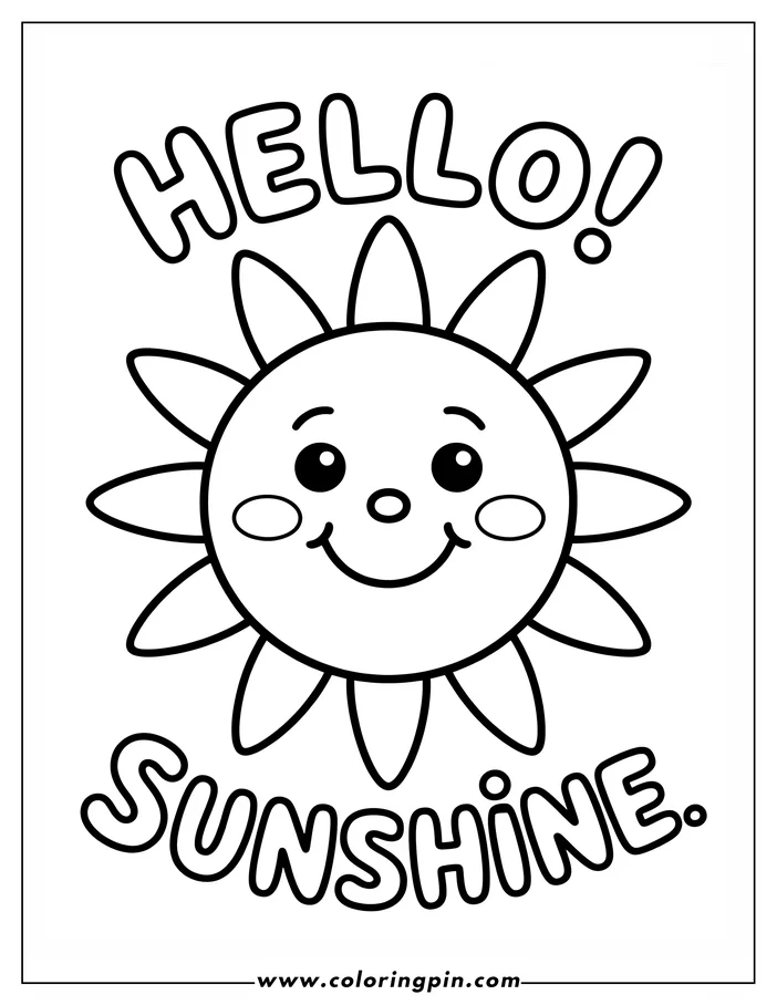 Cute sun saying hello coloring page, a simple and cheerful printable coloring sheet for kids and toddlers.