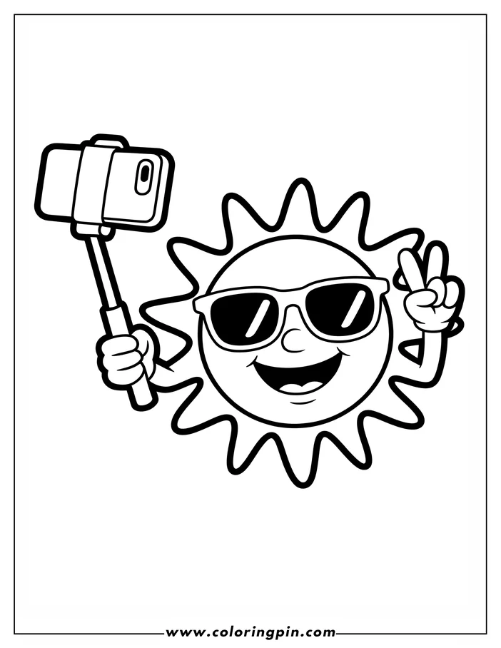 Cartoon sun taking a selfie coloring page, a fun and easy printable coloring sheet for kids and adults.
