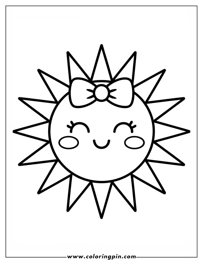 Cute cartoon sun coloring page with a bow, a simple and cheerful printable coloring sheet for kids and toddlers.