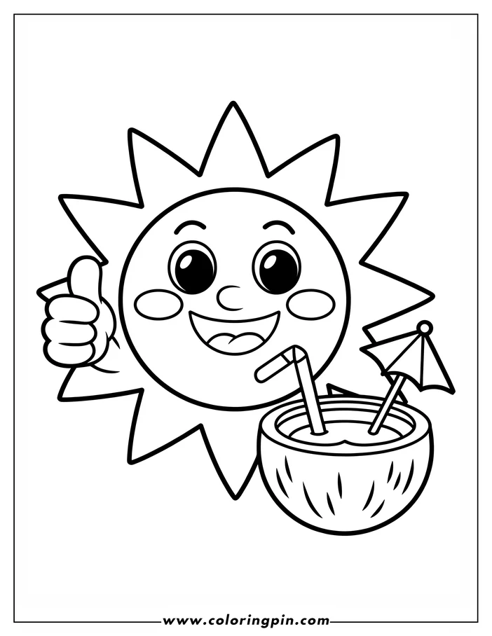 Cute cartoon sun with a coconut drink coloring page, a fun summer printable coloring sheet for kids and toddlers, free and downloadable.
