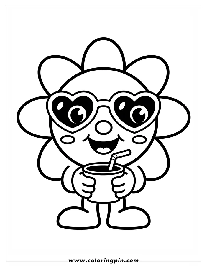 Cute cartoon sun coloring page with heart-shaped sunglasses and a refreshing drink, a fun printable activity for kids.