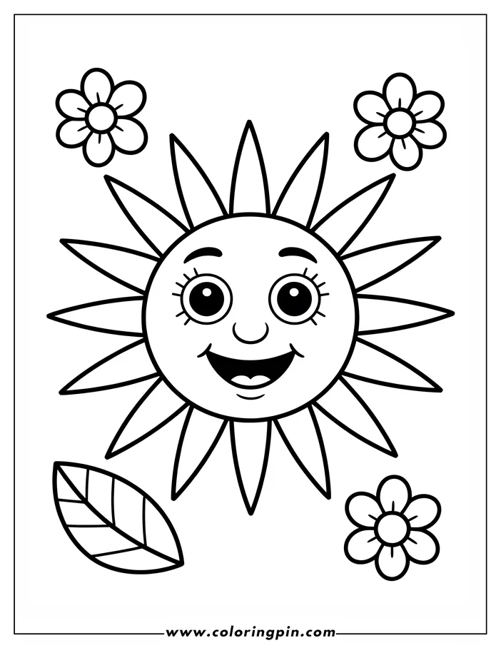 Cute cartoon sun coloring page with flowers and a leaf, a simple and cheerful printable coloring sheet for kids.