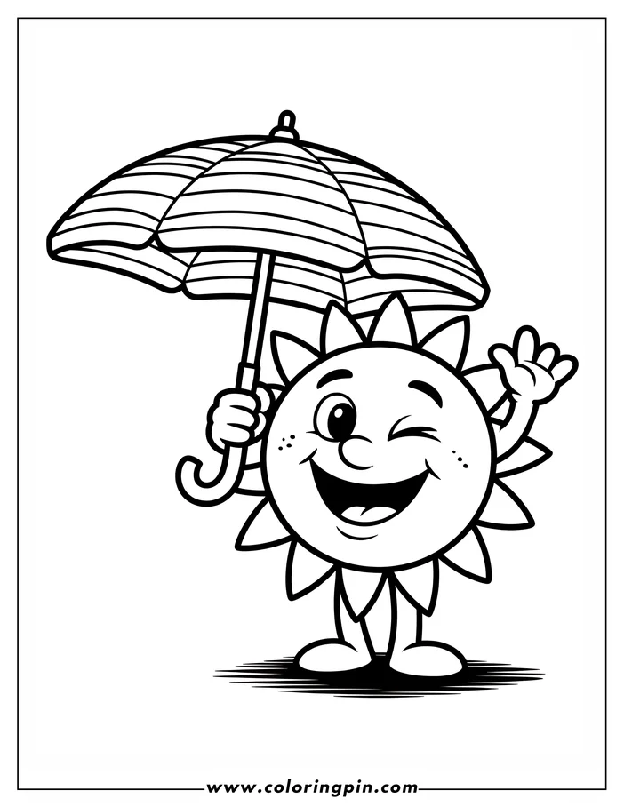 Cute cartoon sun holding an umbrella coloring page, a simple and free printable coloring sheet for kids and toddlers.