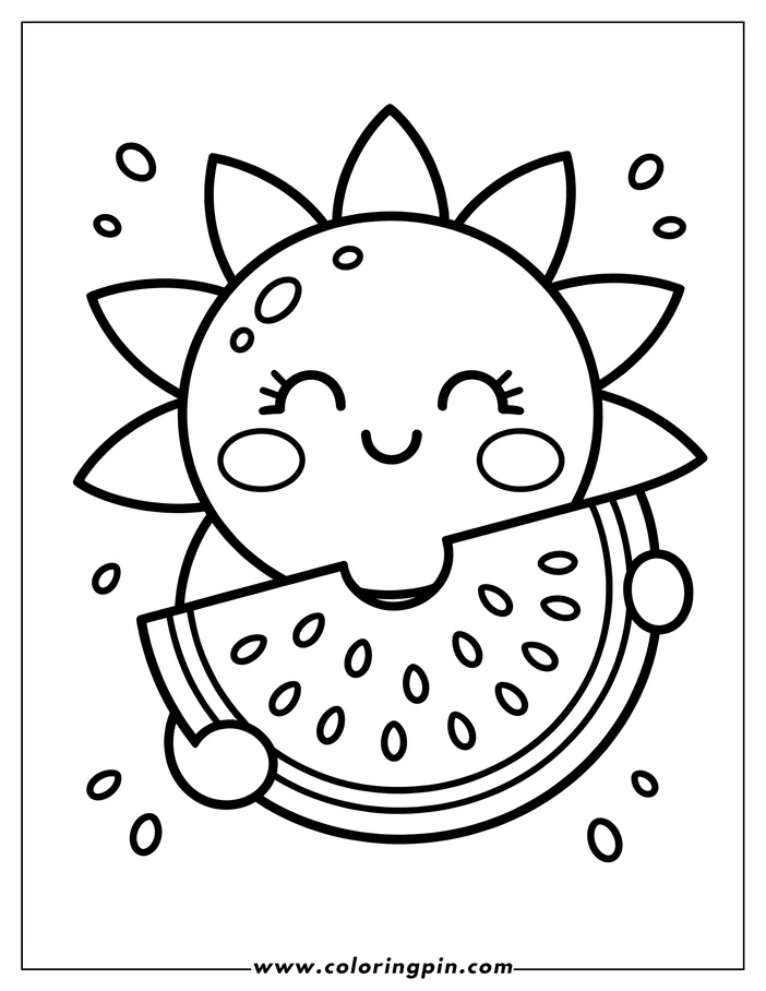 Cute cartoon sun with watermelon coloring page, a simple summer printable coloring sheet for kids and toddlers, free to print.