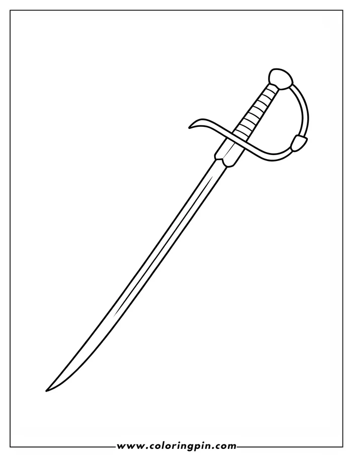 Line drawing of a sword with a curved hilt and long blade.