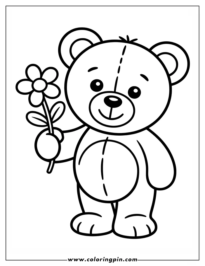 Outline of a cartoon teddy bear holding a flower with rounded petals. The bear has stitched patches and a friendly expression.