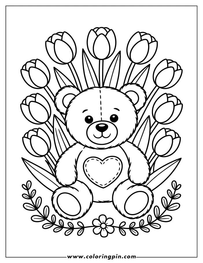 Cute teddy bear with tulips coloring page, a simple and adorable printable coloring sheet for kids and toddlers.