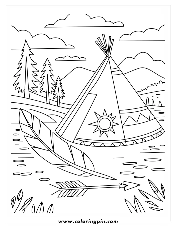 Line art of a teepee by a lake with mountains, trees, and clouds. An arrow and feather are in the foreground.