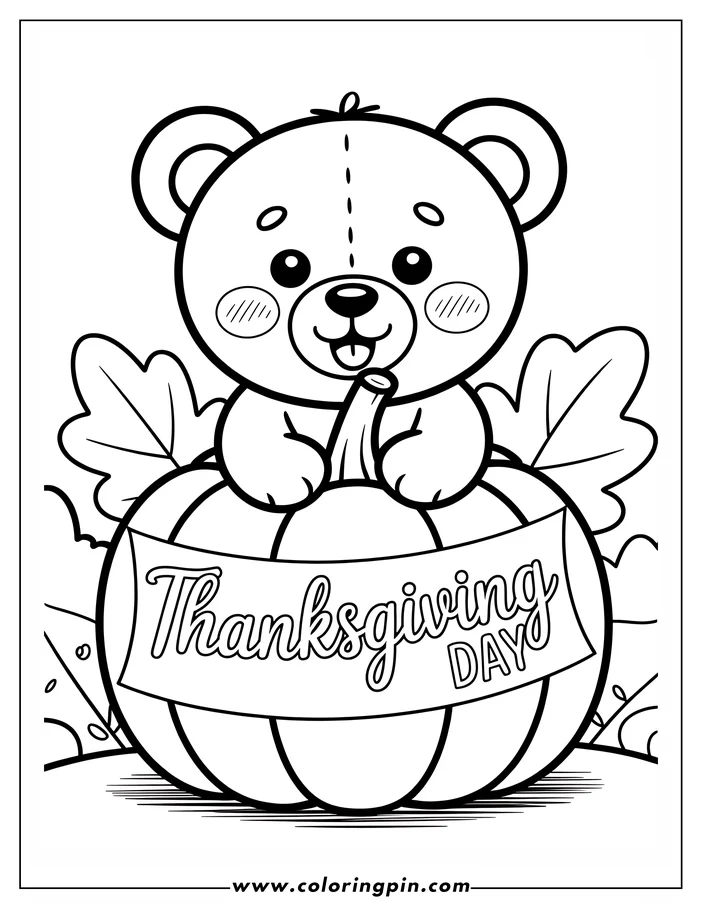 A simple, cute line art drawing of a bear sitting on a Thanksgiving-themed pumpkin for coloring. The bear has a playful expression and the pumpkin has a banner that says "Thanksgiving Day". Autumn leaves frame the scene.