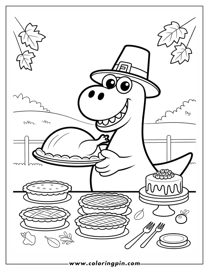 Line art of a Thanksgiving scene featuring a smiling dinosaur in a pilgrim hat holding a platter with a roasted turkey.  Several pies, a cake, and a place setting are laid out on the table. Leaves and a simple background complete the coloring sheet design.