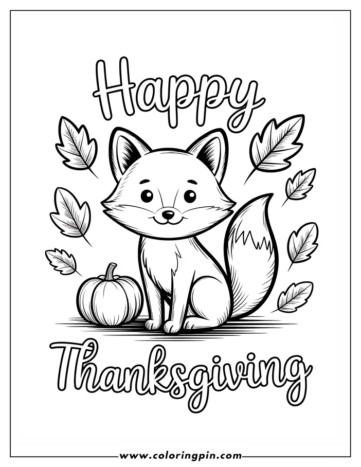 Line art of a fox sitting beside a pumpkin with autumn leaves scattered around. The words "Happy Thanksgiving" appear below. This is a design for a coloring page.