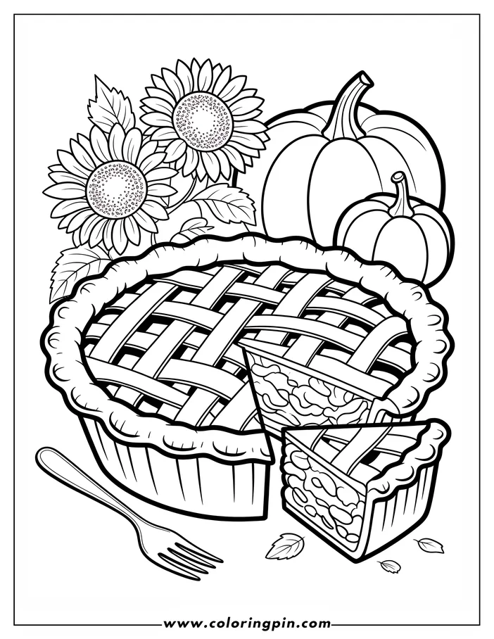 Line art of a Thanksgiving pie with a slice cut out, accompanied by pumpkins and sunflowers, creates a festive coloring page design.