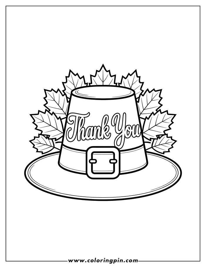Line art of a Thanksgiving pilgrim hat decorated with autumn leaves, designed as a coloring page.
