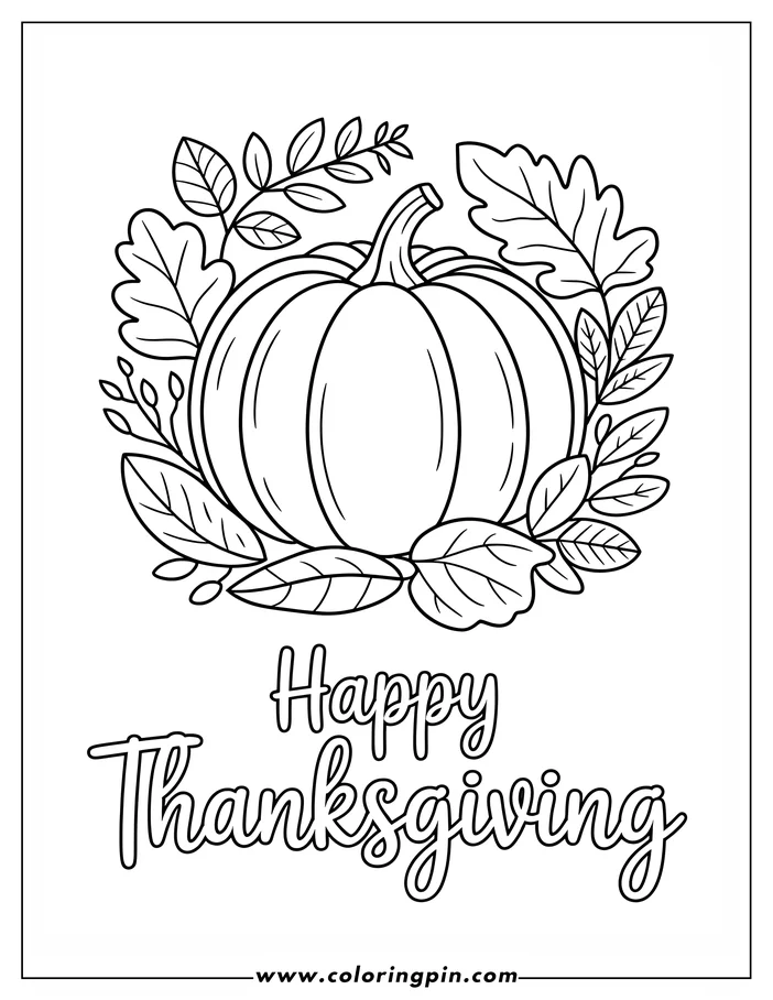 Line art of a Thanksgiving-themed coloring page depicting a pumpkin with a wreath of leaves. The phrase 'Happy Thanksgiving' is written below the pumpkin.