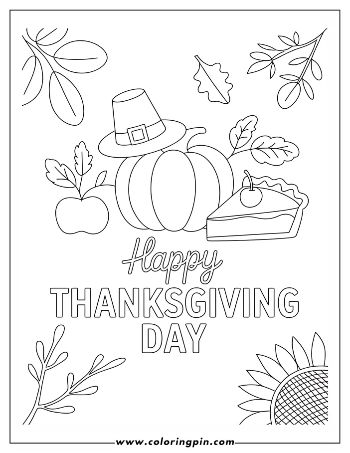 Thanksgiving-themed coloring page: A simple, outlined drawing features a pumpkin with a pilgrim's hat and a slice of cherry pie. Surrounding them are leaves, an apple, and a sunflower, all ready to be colored.