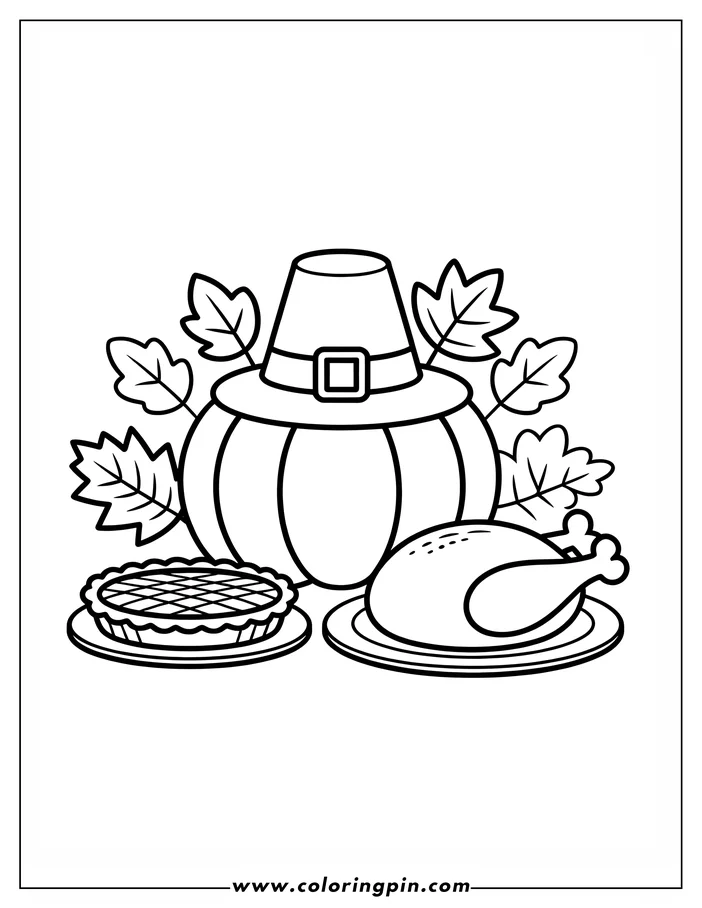 Thanksgiving-themed coloring page: A pumpkin wearing a pilgrim's hat is the centerpiece, flanked by a pie on a plate and a roasted turkey on a platter. Autumn leaves create a festive border.