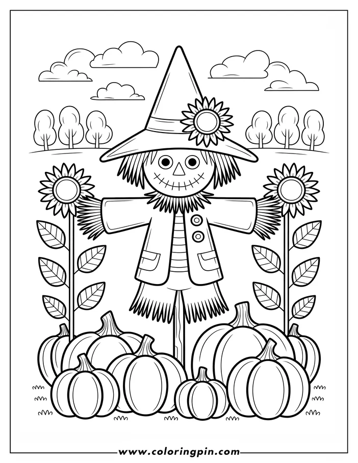 Line art of a Thanksgiving scarecrow with a sunflower hat standing among pumpkins, perfect for coloring.  Sunflowers grow on either side, and a backdrop of trees and clouds completes the autumnal scene.