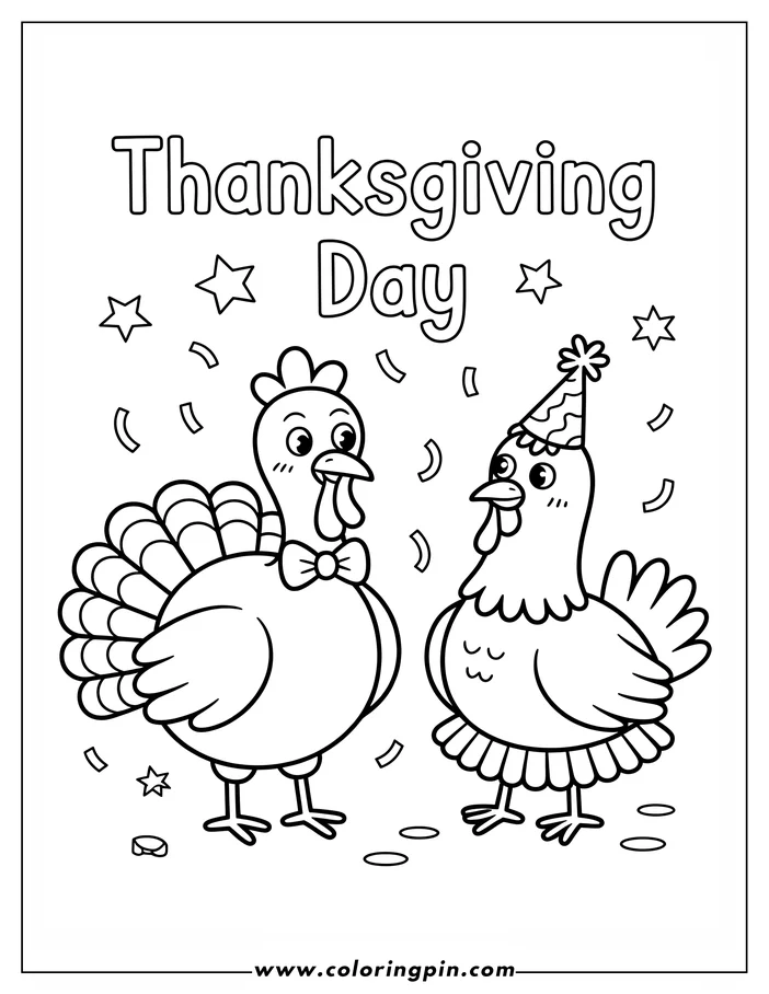 Line art of a turkey and a chicken celebrating Thanksgiving. The turkey wears a bow tie, and the chicken has a party hat. Confetti and stars surround them. This is a coloring sheet design.