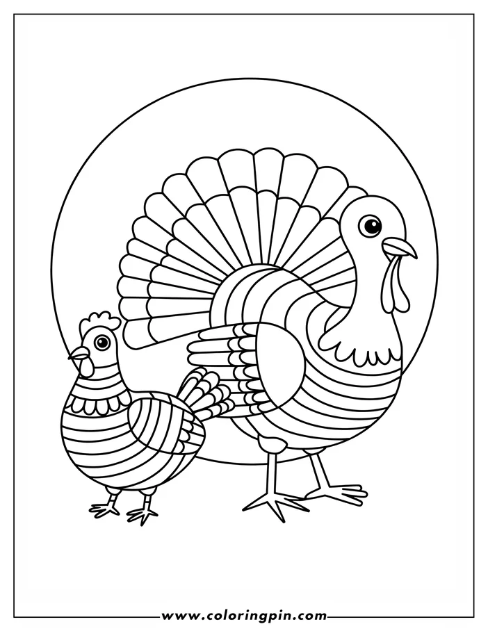 Line art of a Thanksgiving turkey and hen. The turkey's tail is fully fanned out, showcasing its detailed feathers. Beside it stands a smaller hen with horizontal stripes on its body. This drawing is designed as a coloring sheet.