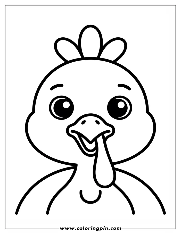 Simple line art of a Thanksgiving turkey, featuring large, friendly eyes and a prominent snood, designed as a coloring sheet.