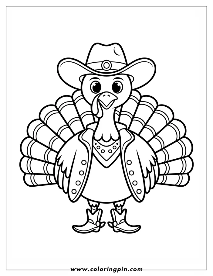 Line art of a Thanksgiving turkey dressed in a cowboy outfit. The turkey has large, fanned-out tail feathers and is wearing a cowboy hat, vest, and boots. This design is intended for a coloring page activity.