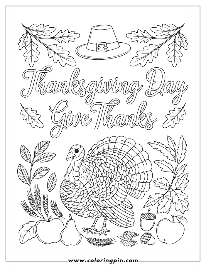Thanksgiving-themed coloring page: A detailed line art drawing of a turkey surrounded by acorns, apples, a pear, wheat, and oak leaves, ready for coloring.