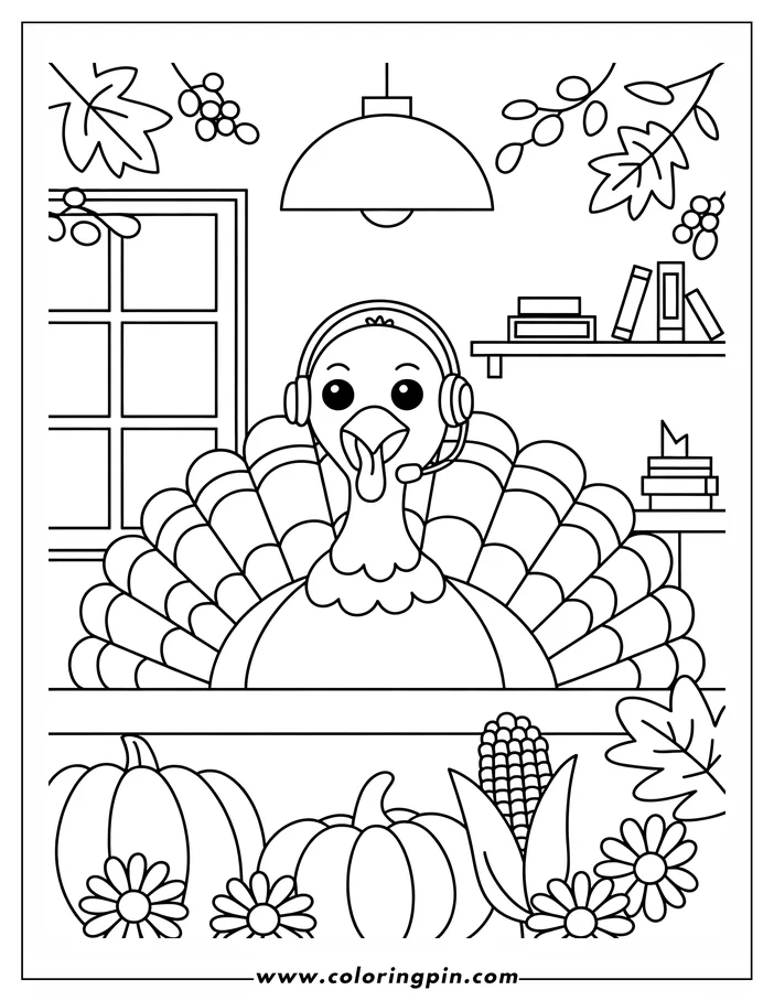 Line art of a Thanksgiving turkey wearing a headset, sitting at a table decorated with pumpkins, corn, flowers, and fall leaves. This coloring sheet design is perfect for Thanksgiving activities.