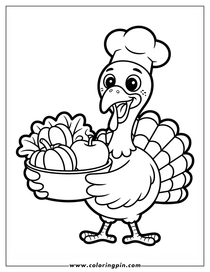 Line art of a Thanksgiving turkey wearing a chef's hat and holding a bowl of food, including pumpkins, an apple, and leafy greens. This coloring sheet design is perfect for kids to celebrate Thanksgiving.