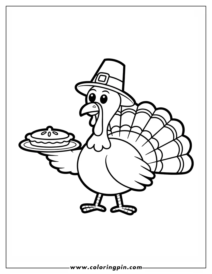 Line art of a Thanksgiving turkey wearing a pilgrim hat and holding a pie on a plate. The turkey has a large, fanned tail, ready for coloring.
