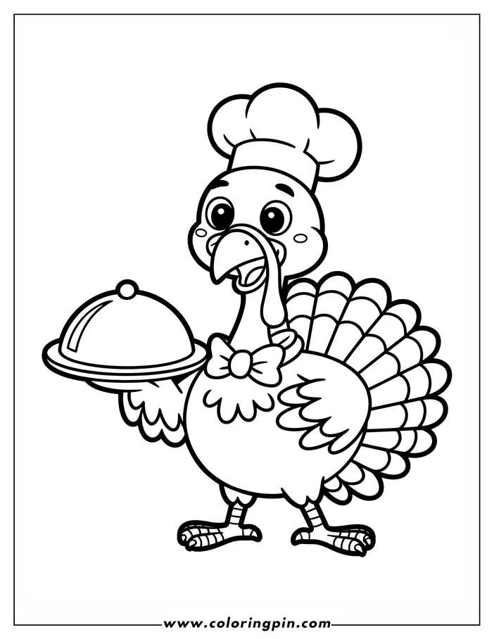 Line art of a Thanksgiving turkey wearing a chef's hat and bow tie, holding a covered platter.  The turkey has a happy expression and is ready to serve a festive meal. This drawing is designed as a coloring sheet.